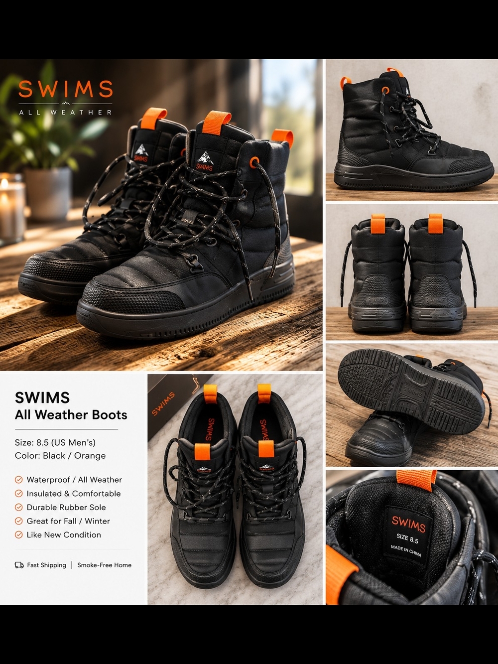 Swims Men’s All-Weather Boots in Black with Orange Accents
